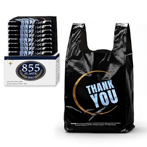 YoYoRain 855 Pack Black T-Shirt Bags with Handles, 11.5"x6.25"x21" Durable HDPE Plastic Shopping &amp; Carry-Out Bags for Grocery, Retail, Takeout &amp; Small Business