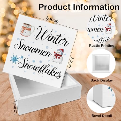 Image of Winter Decor, Snowflake Snowmen Wood Box Sign, Winter Wonderland Christmas Home Office Decorations for Desk Table Shelf 5 X 5 Inches