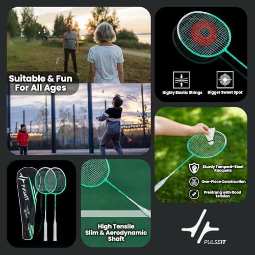 Image of PulseITSmash Badminton Racket- for Men & Women. Lightweight Aluminum Frame with High Tension Strings. Indoor /Outdoor Badminton Racquet for Training, Power Play & Control. (Green)