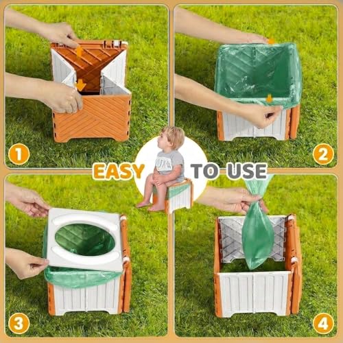 3-in-1 Foldable Portable Travel Toddler Kids Potty Training Toilet Seat- Chair& Seat& Step Stool, Maximum Load 70kg, Suitable for Car, Camping, Indoor&Outdoor Use, Includes 15 Storage Bags (Orange) - Image 5
