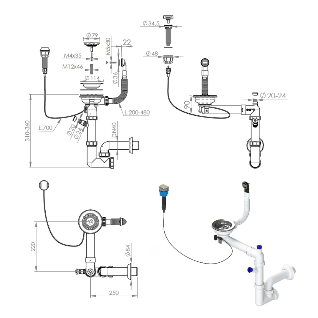GRANMASTER Sifón automático de 1 cámara con rebosadero, desagüe para fregadero, fabricado en Italia, conexión en la parte inferior: cesta colador de 1 1/2", válvula excéntrica, 30 x 25 x 35 cm