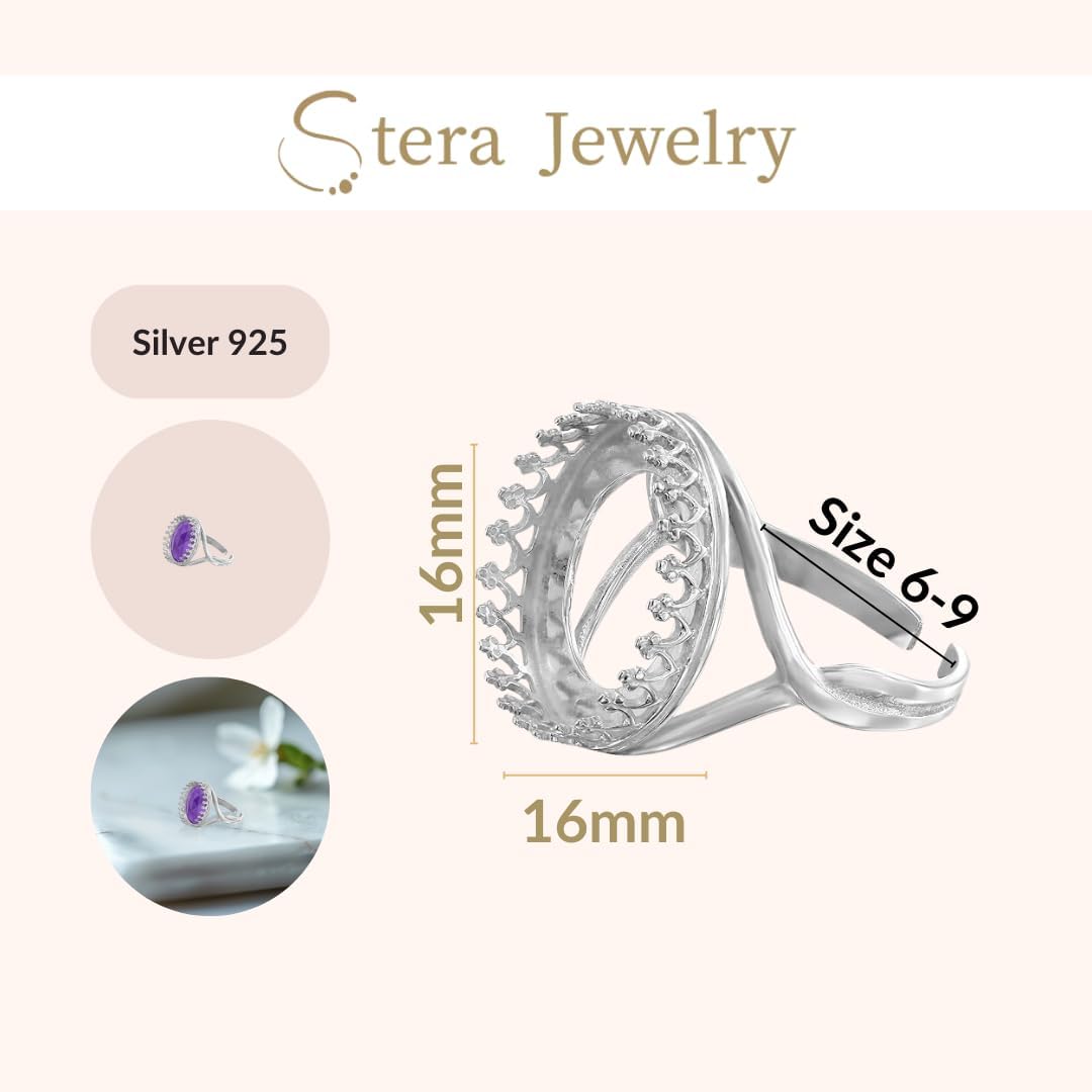 925 Sterling Silver Ring Blanks - Adjustable 6 to 9 Ring Base with 16mm Round Bezel Cup - DIY Ring Blanks for Jewelry Making - Adjustable Ring Blanks - Ring Settings without Stones