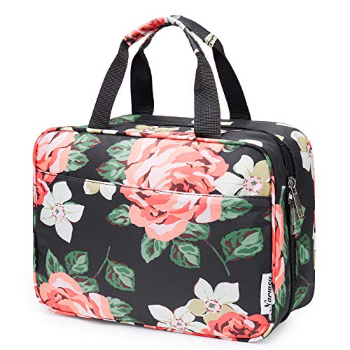 Large Hanging Toiletry Bag Travel Makeup Bag Cosmetic Organizer for Women and Girls (Black Peony)