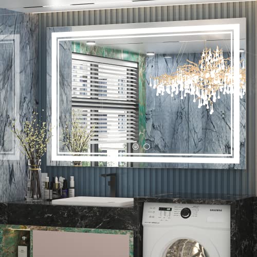 Keonjinn 48 x 30 Inch LED Mirror Bathroom Mirror with Lights, Adjustable 3-Colors White/Warm/Natural Light, Wall Mounted Lighted Vanity Mirror Anti-Fog Dimmable Makeup Mirrors(Horizontal/Vertical)