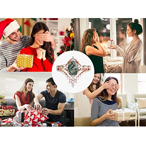 10K 14K 18K Solid Gold Natural Moss Agate Ring Set Inspired Leaf Moss Agate Engagement Ring Set Vintage Unique Moss Agate Bridal Wedding Ring Set Size 4-12.54