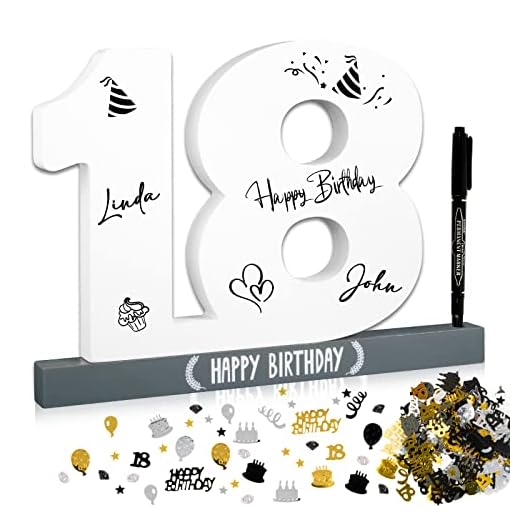 BOFUNX Libro de Visitas para Cumpleaños 18 Años Tarjeta Felicitación de Madera+Confeti de Cumpleaños+Bolígrafo Regalo Decoración Número 18 Happy Birthday