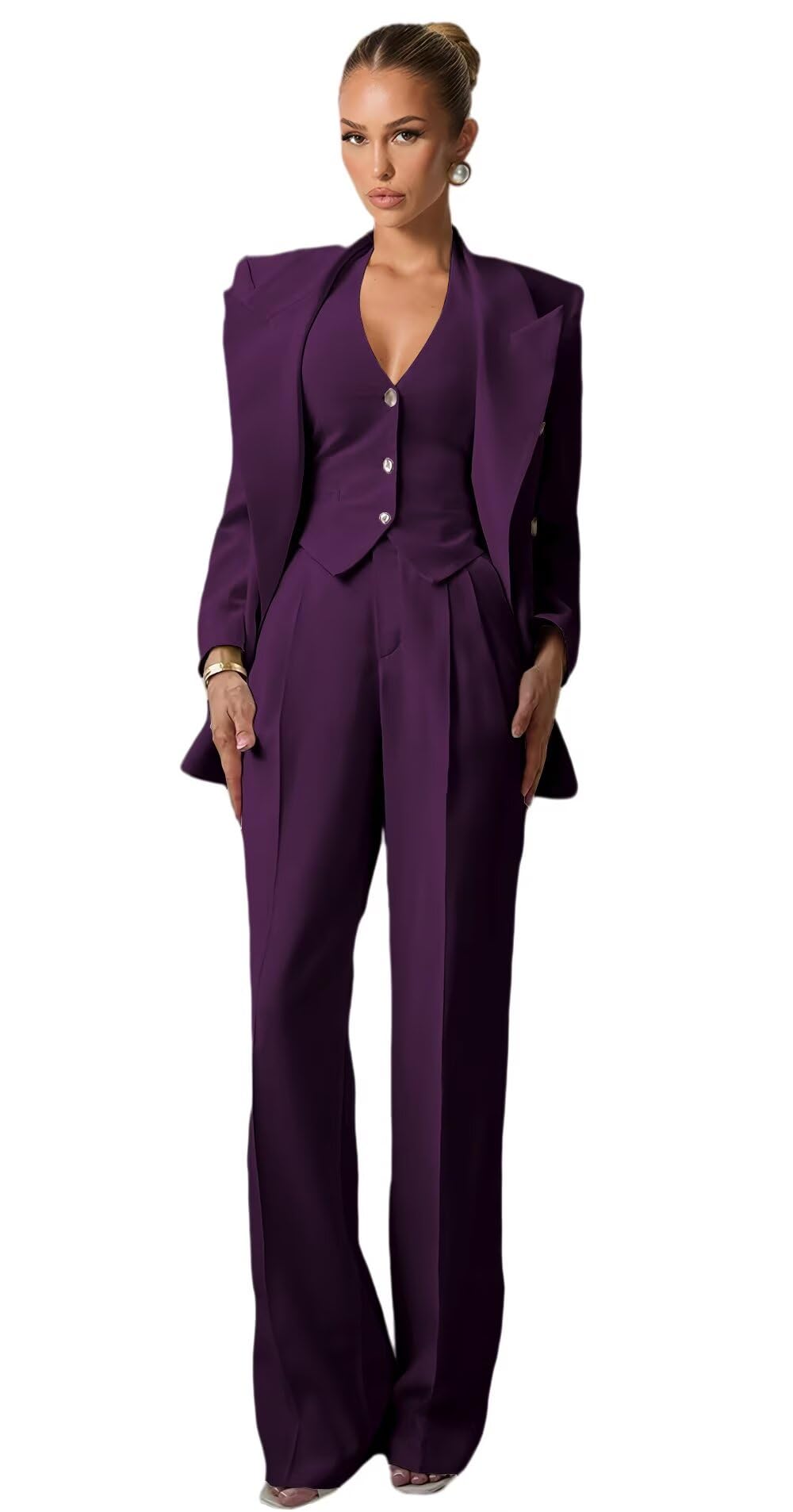Plum Suits for Women Dressy 3 Piece Double Breasted Womens Suit Office Work Pants Suits for Women Dressy