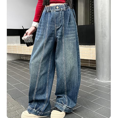 Girls Jeans Elastic Waist Straight Baggy Wide Leg Denim Pants Kids Teens Soft Comfortable Trousers4