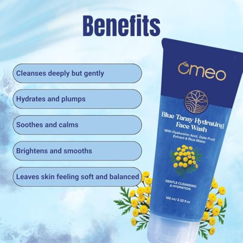 Image of Omeo Blue Tansy Hydrating Face Wash 100ml Glow & Bright Skin with Hyaluronic Acid, Rice Water & Date Fruit | Recommended by Dermatologist, All Type Skin-Woman & Man