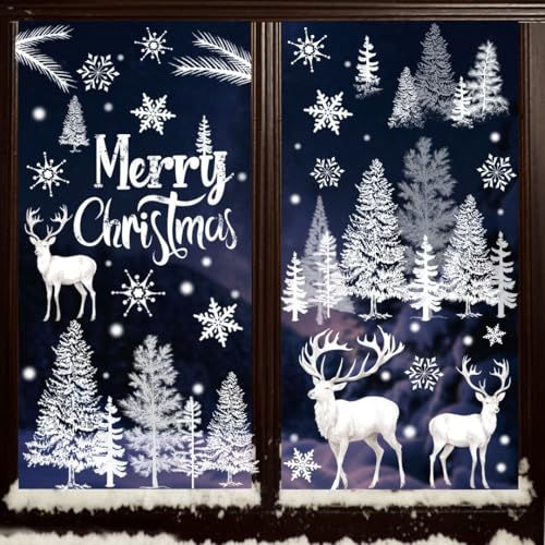 VEYLIN 9 Sheets Christmas Window Stickers Christmas Window Cling Reusable Xmas Window Decal White Snowflakes and Pine Trees Scene Static Sticker for Xmas Window Decor