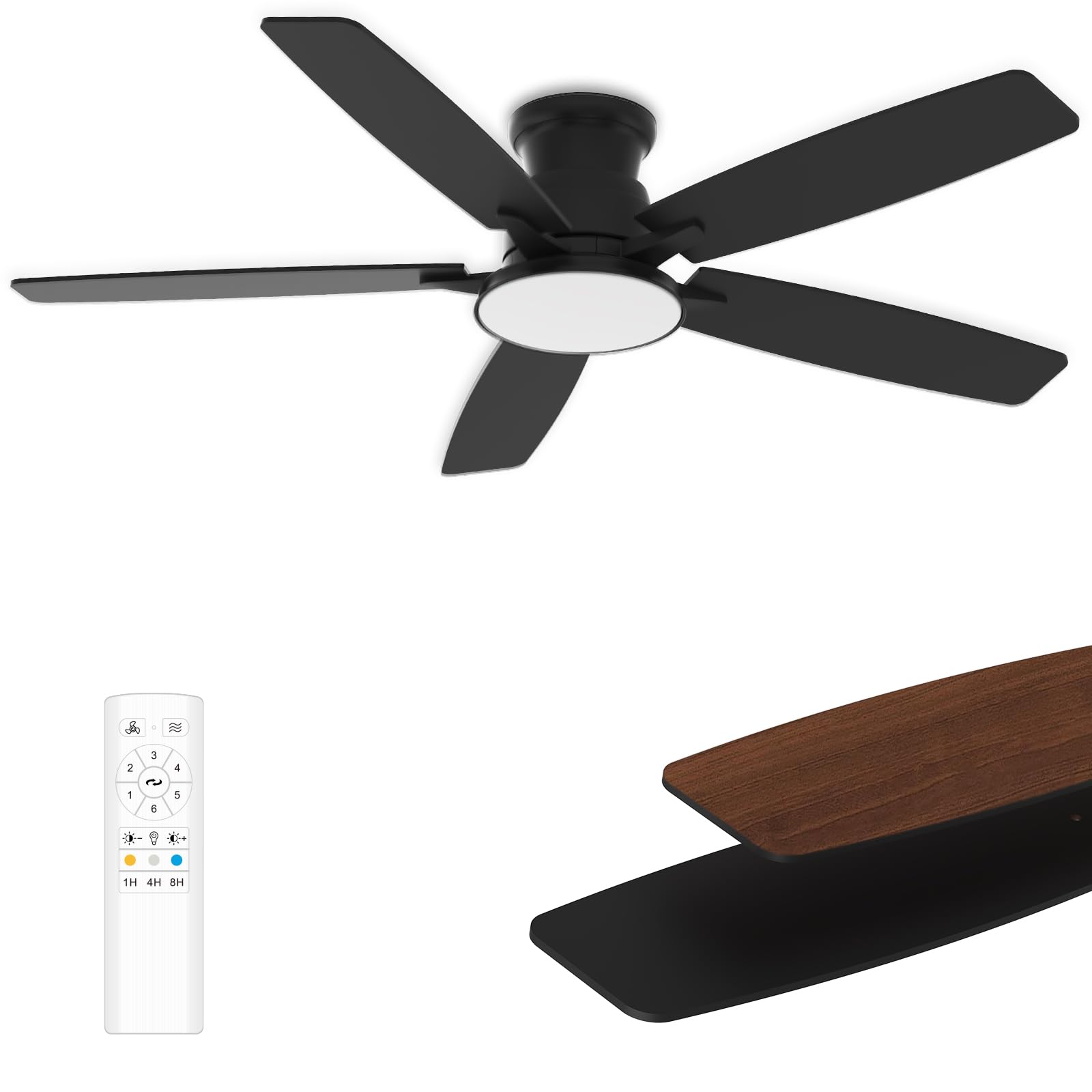 Photo 1 of Flush Mount Ceiling Fan with Light, 52 Inch, Remote Control, 3CCT Dimmable LED, 6-Speed Silent Reversible DC Motor, Low Profile Hugger Ceiling Fan for Indoor/Outdoor 90-264V 50/60Hz Matte Black