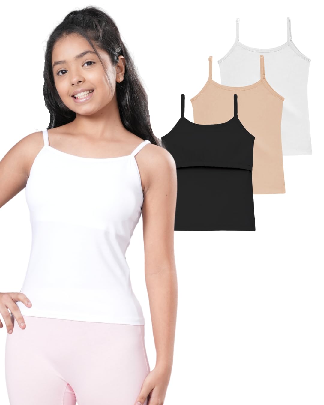 Lily Chic Puberty Camisole for Girls | Built-in Light Flat Padding| Stretchy Cotton with Built in Bra | Boosts Confidence in Puberty |Padded Camisole for Teens 10 to 12 Years | Pack of 3-image-47