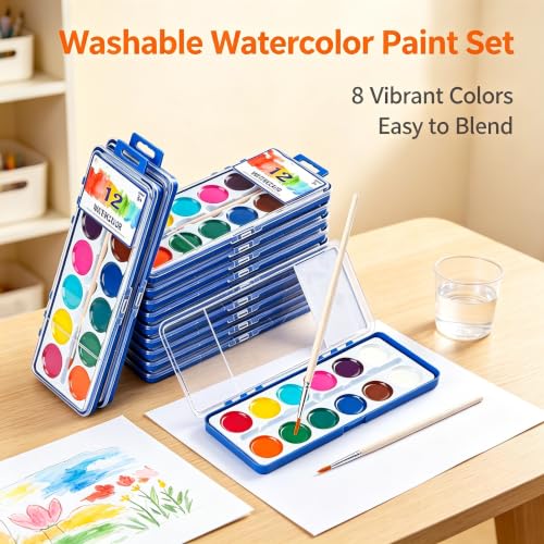 2026 New Washable Watercolor Paint Set for Kids, 24 Pack, 8 Colors with Wood Brushes, Non-Toxic, for Classroom, Party Favors & Homeschool