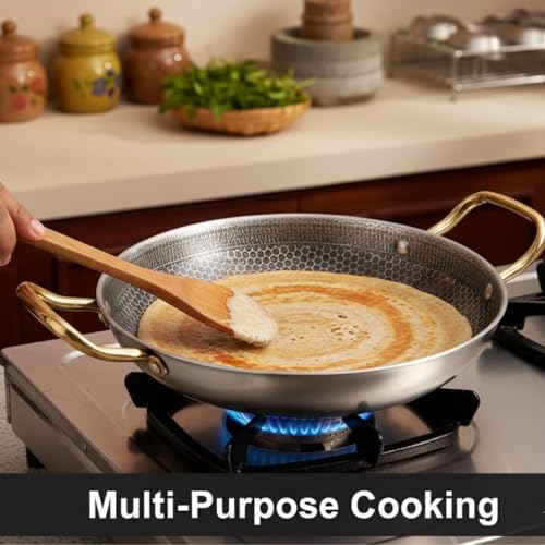 Image of Crega Stainless Steel Frying Pan with Dual Gold Handles, Honeycomb Nonstick Tri-Ply Skillet, Induction Compatible Deep Fry Chef Pan for Gas, Ceramic & Induction Cooktops, Multipurpose Cookware