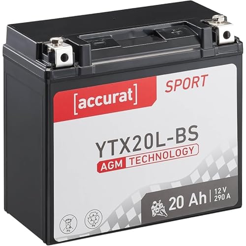 Accurat Motorradbatterie YTX20L-BS - 12V, 20Ah, 290A, rüttelfest, wartungsfrei - Starterbatterie, AGM Batterie in Erstausrüsterqualität für Rasentraktor, Roller, Motorrad, Quad