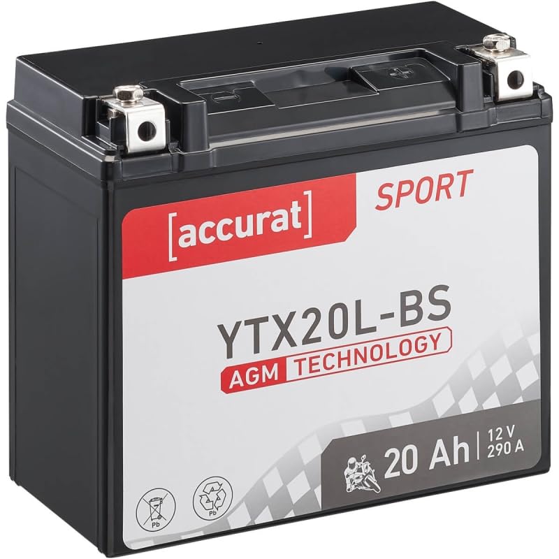 accurat Motorradbatterie YTX20L-BS AGM 12V 20Ah Motorrad Batterie Akku YTX20L-4 18Ah