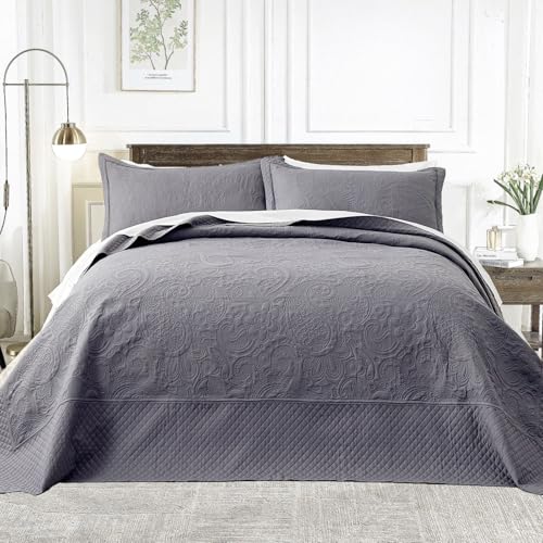 Alaskan King Bedspread Set Oversized King Bedspreads 132x120 inches Floor Length King Size Bedspread Extra Wide King Quilt Paisley Quilt Grey Coverlet Sets with Shams