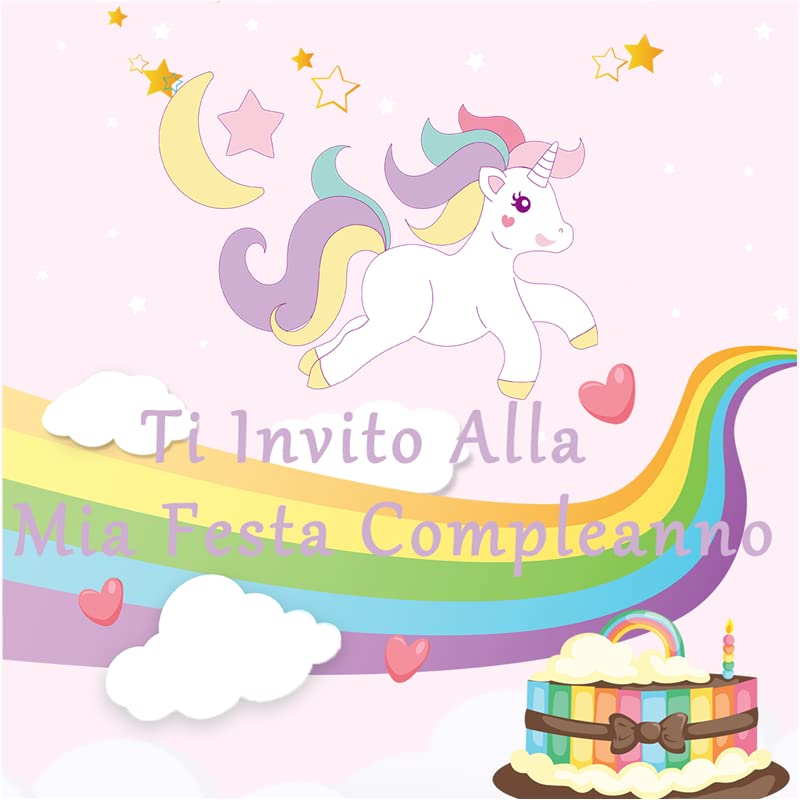 Biglietto di invito compleanno per bambina con unicorno e palloncini per 10 ospiti (cartone da completare busta e adesivo), festa per bambini dai 3 anni in su. L&L® Creatori di ricordi