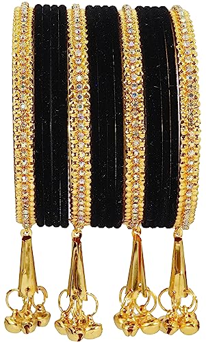 Image of NMII Metal with Zircon Gemstone and Velvet Studded Bells Latkan Bangles Set For Girls and Women I Latkan Bangles, Premium Bangle Bracelet Set I Pack of 16 Bangles