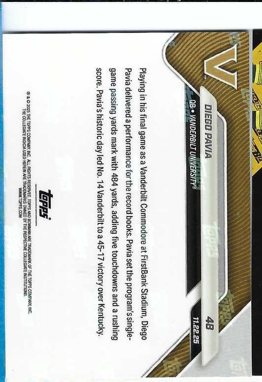 DIEGO PAVIA 2025 Bowman University Now Football #48 GOLD FOIL PARALLEL Rookie Card RC #19 of only 50 Made! Vanderbilt Commodores