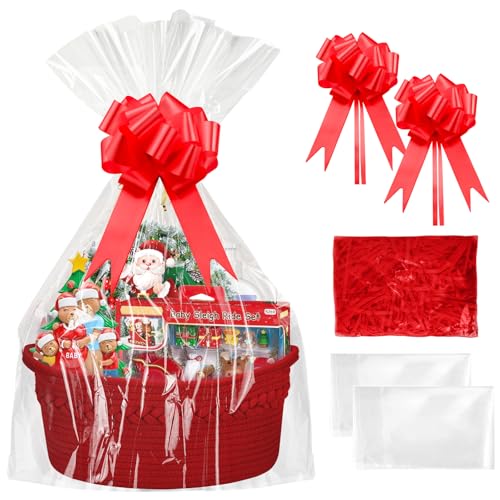 Kit de cesta de regalo SelfTek, cesta de cuerda roja con bolsas de celofán, cestas tejidas de rafia y lazos de tracción, cesta de regalo vacía para ducha, boda, cumpleaños, 33 x 24 x 15 cm