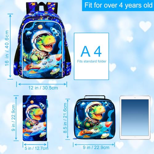 Image of UFNDC 3PCS Dinosaur Backpack for Boys, Kids Space Bookbag with Lunch Box, 16 inch Water Resistant Rocket School Bag for Elementary Preschool Toddler