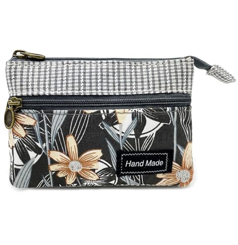 Image of Women Small Zipper Coin Purse, Handmade Fabric Flower Embroidered Change Pouch, Cotton Double Zipper Wallet
