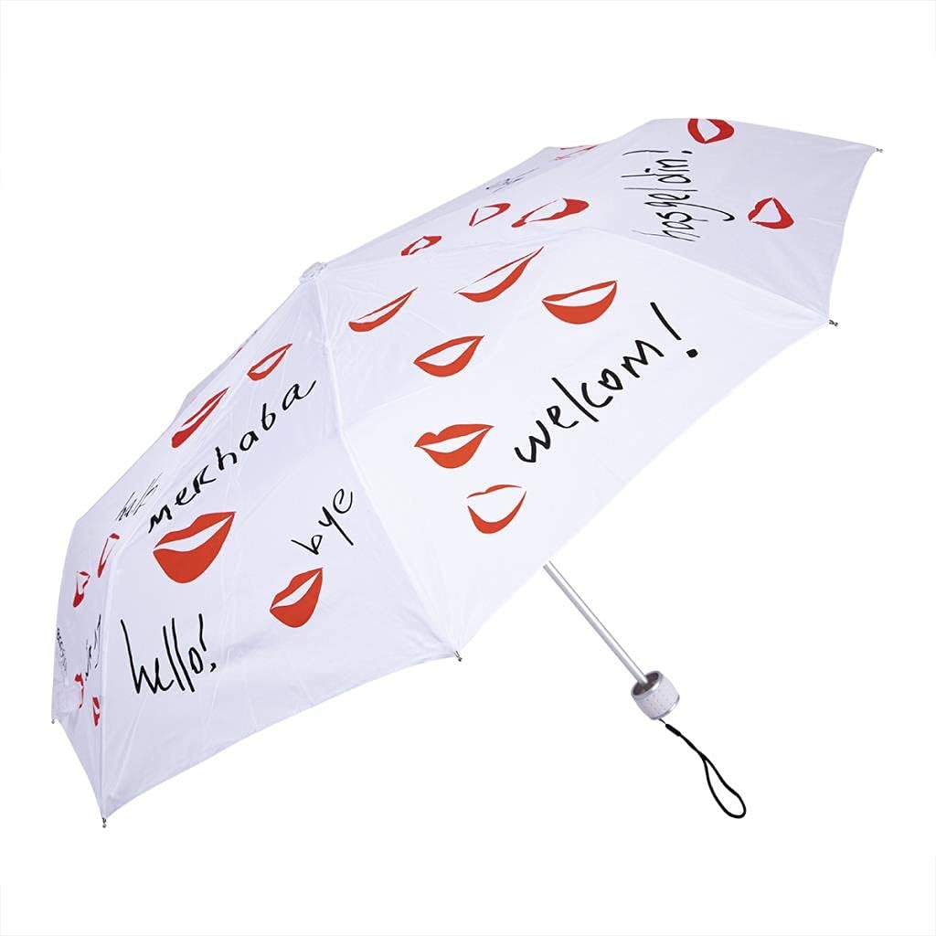 BiggDesign Compact Travel Umbrella, Mini Rain and Sun Umbrella with UV Protection, Ultra Lightweight, Manuel Opening, Portable, 8 Ribs Folding Umbrella For Women (White - Red)