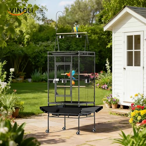 VINGLI 83 Inch Bird Cage with Play Top, Large Wrought Iron Bird Cage with Wheels, Rolling Parakeet Cage with Removable Tray for Cockatiels Lovebird Finches Canaries - Image 2