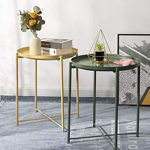 Danpinera Tray Metal End Table, Small Round Side Table Accent Table Bedside Table Round Metal Nightstand, Outdoor Side Table Indoor Snack Table Accent Table Anti-Rust And Waterproof Dark Green #TOP4
