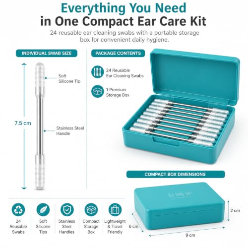 Image of Reusable Ear Cleaning Kit with Soft Silicone Tips, 24 PCS Ear Wax Cleaner Tool Set, Stainless Steel Ear Pick with Protective Caps, Portable Ear Cleaner for Men, Women & Kids