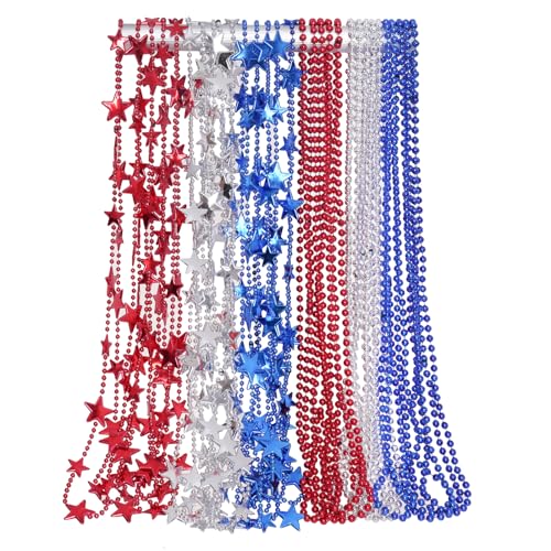 SUMERSHA 30pcs 4th of July Beads Necklaces - Red White Blue Beaded Star Necklace for Independent Memorial Day, Parade Accessory, Patriotic Crafts, Party Supplies