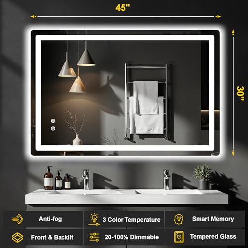 Image of LED Bathroom Mirror with Lights, 30 inchx45 inch Lighted Vanity Mirror for Wall | Anti-Fog, Dimmable 3 Color Light, Backlit+Frontlit, Shatterproof Tempered Glass, Memory Function