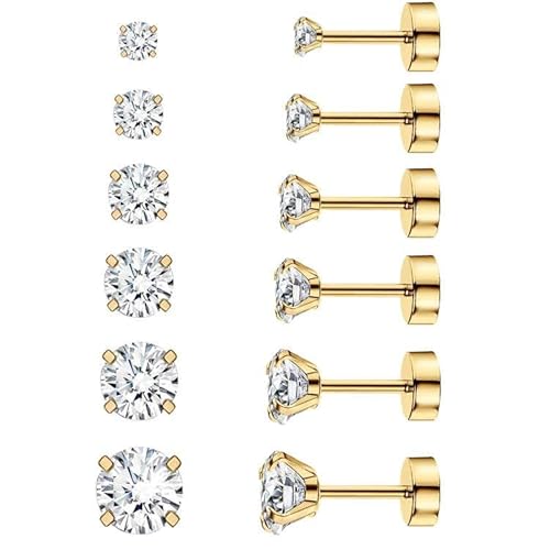 Thokono 6 Paar Ohrringe Ohrstecker Set Edelstahl Hypoallergene Sparkling CZ Diamant Ohrstecker Zirkonia Ohrstecker Ohrring Stecker für Damen Herren Mädchen Männer Golden 3mm-8mm Cover
