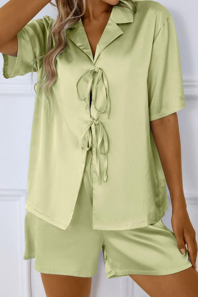 CHYRII Women's Silk Satin Pajamas Sets Tie Front Short Sleeve Tops and Shorts Two Piece Pj Sets Sleepwear - Image 7