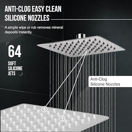 Image of Robustt High Pressure Shower Head for Bathroom Overhead with 64 Anti Clog Silicone Nozzles | 6x6in Square Bathroom Shower Head, 360 Swivel, Easy Clean, Rust Resistant Chrome Finish