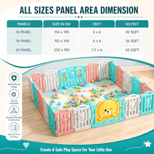 Image of Large Baby Playpen 18 Panels /36 Sq Ft Play Area Indoor Setup with Mat ,balls | Play Yard for Babies 0-3 Years with Padded Boundary |Indoor Outdoor Toddler , infant fence Activity Center with Safety Door Lock & Suction Cups (6 * 6 FT)