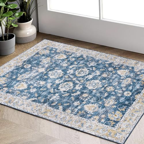 Carvapet 2x3 Area Rug - Blue Yellow Boho Vintage Floral Small Carpet Low Pile, Non Slip Rubber Backing Machine Washable Indoor Door Mat for Entryway Bathroom Bedroom