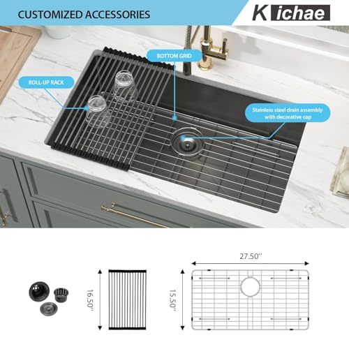 Kichae 30 Black Undermount Kitchen Sink - 30 inch Undermount Sink 18 Gauge Gunmetal Black Stainless Steel Deep Handmade Single Bowl Sink Basin