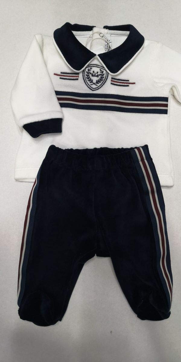 Aletta Tuta Neonato con Piedini, Realizzata nella Parte sopra in ciniglia Panna, Decorata sul Davanti con coroncina Ricamata, Collo Classico e Maniche Lunghe. I Pantaloni Sono Blu, con Nastro decorat