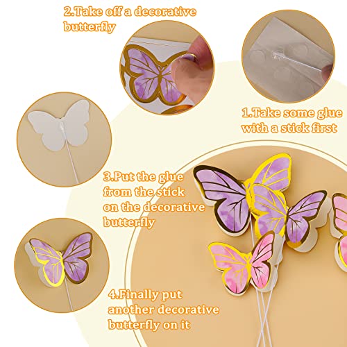 80Pcs Butterfly Cake Toppers Set Happy Birthday 3D Mixed Color Pink Purple Cupcake Picks Butterfly Cupcake Topper With Dot Glue Decorations For Anniversary Party Wedding Wall Decor Supplies #TOP1