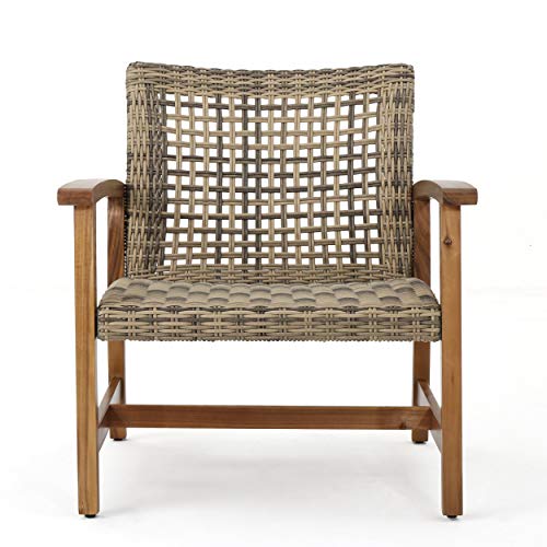 Christopher Knight Home Hampton Outdoor Mid-Century Wicker Club Chairs With Acacia Wood Frame, 2-Pcs Set, Natural Stained / Grey #TOP4