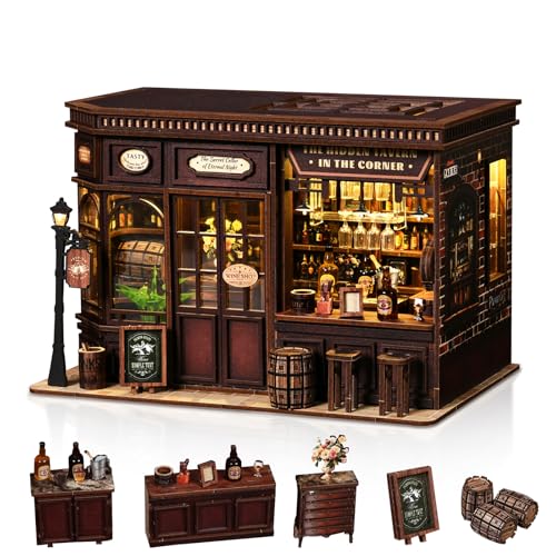 Hallisun DIY Miniature House Kit, Mini 3D Wooden Corner Tavern