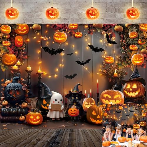 Image of Halloween Pumpkin Backdrop Cute Ghost Black Cat Pumpkins Bats Wooden Photography Background Kids Birthday Banner Photo Booth Props 7x5FT