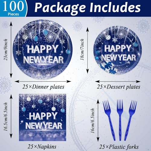 Image of 100PCS Happy New Year Party Plates and Napkins Party Supplies Blue 2026 New Year's Eve Platters Dessert Cake Tableware Set Party Decor Favor for New Year Evening Party Celebration Decoration Serves 25