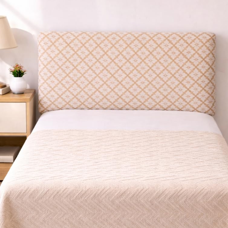 Image of HOMETHREADS 200 GSM Stretchable Jacquard Headboard Cover | Soft, Dust-Proof & Wrinkle-Resistant Bed Back Protector | Fits Leather, Wooden & Fabric Bedsides | for 3ft to 3.5ft Beds (Beige, 90x65Cm)