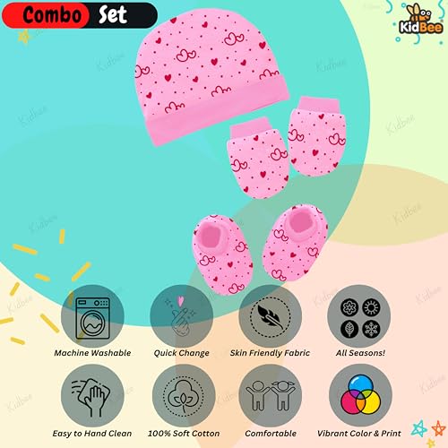 Image of Kidbee Baby Cotton Booties Mittens and Caps Combo for New Born Babies (0-6 Months)
