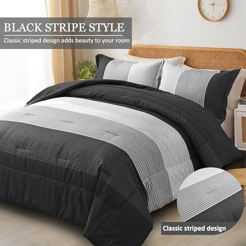 Linge de lit réversible à rayures noires avec couette 3 pièces microfibre douce - 3
