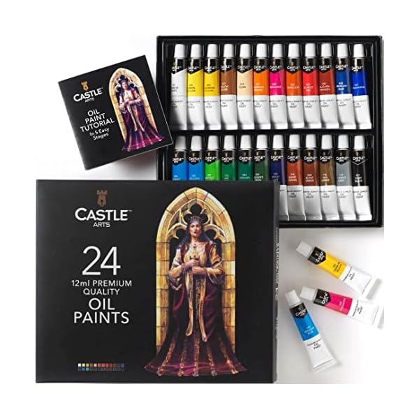 Castle Art Supplies Set de 24 Tubes de Peinture à l’Huile de 12 ml | Économique pour Artistes, Débutants ou Avancés | Couleurs Intenses à l’Application Homogène | Boîte de Présentation et Tutoriel