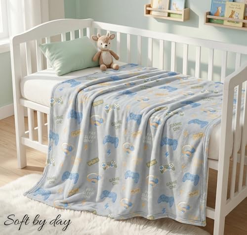 Image of BSB HOME Glow in The Dark Kids Blanket, Soft Flannel Fleece Luminous Blanket for Boys & Girls, Cozy Lightweight Kids Throw for Bed - 30 x 40 in (76 x 102 cm) (Game On Theme - Light Grey)
